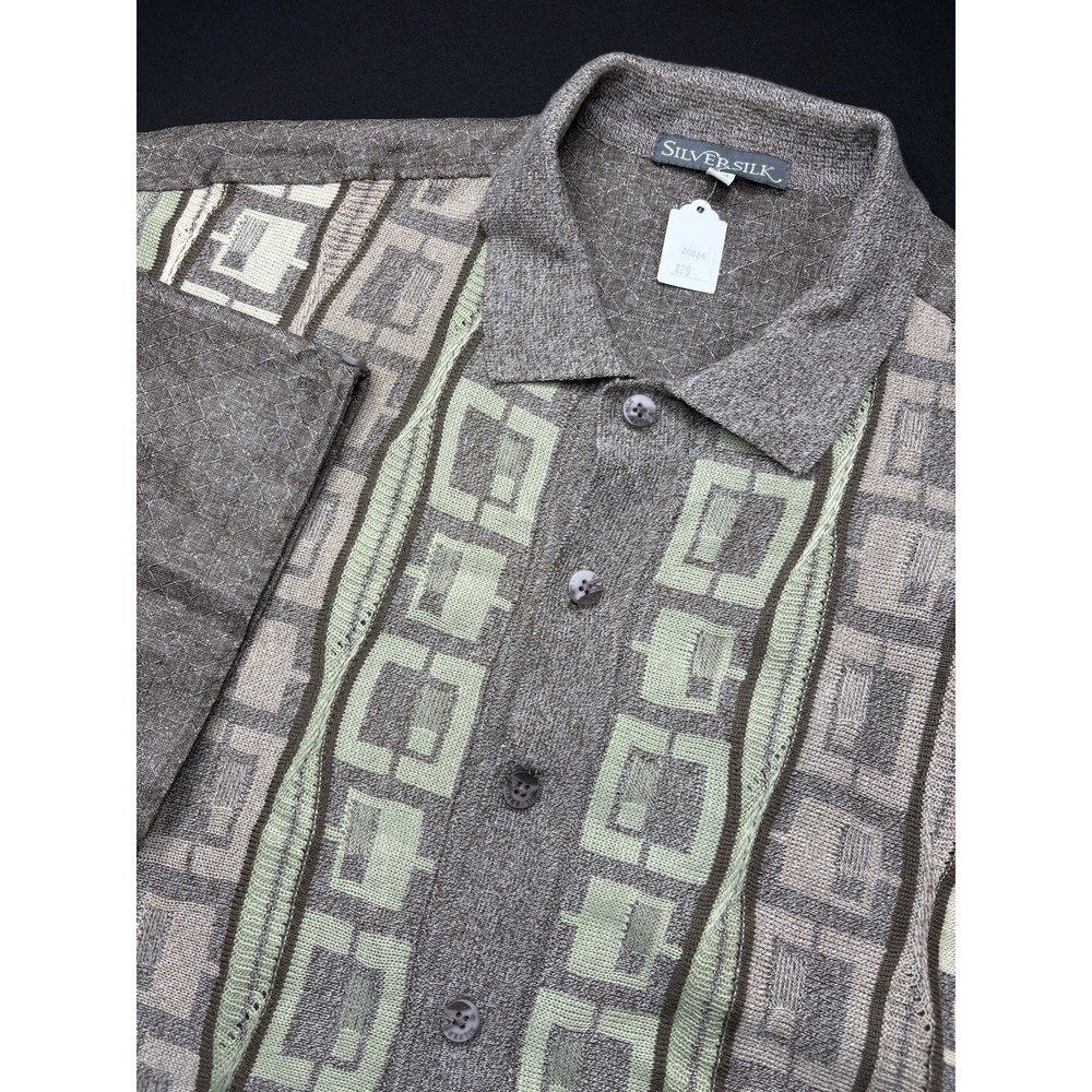 Silversilk Knit Short Sleeve Button Up Shirt Sweater Retro Mens Size XXL Brown